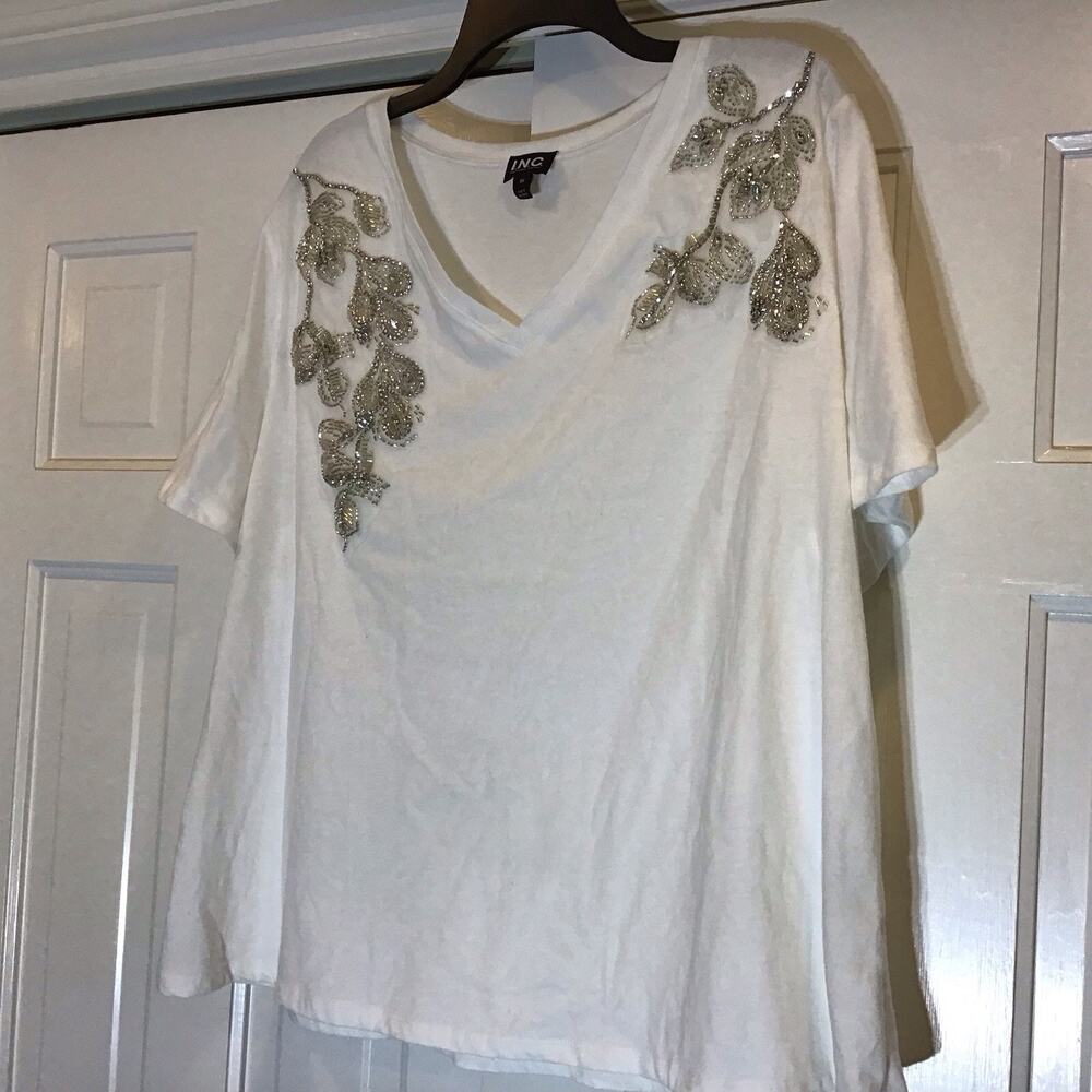 INC International Concepts Women 3X White VNeck Embellished SS Top 100% Cotton